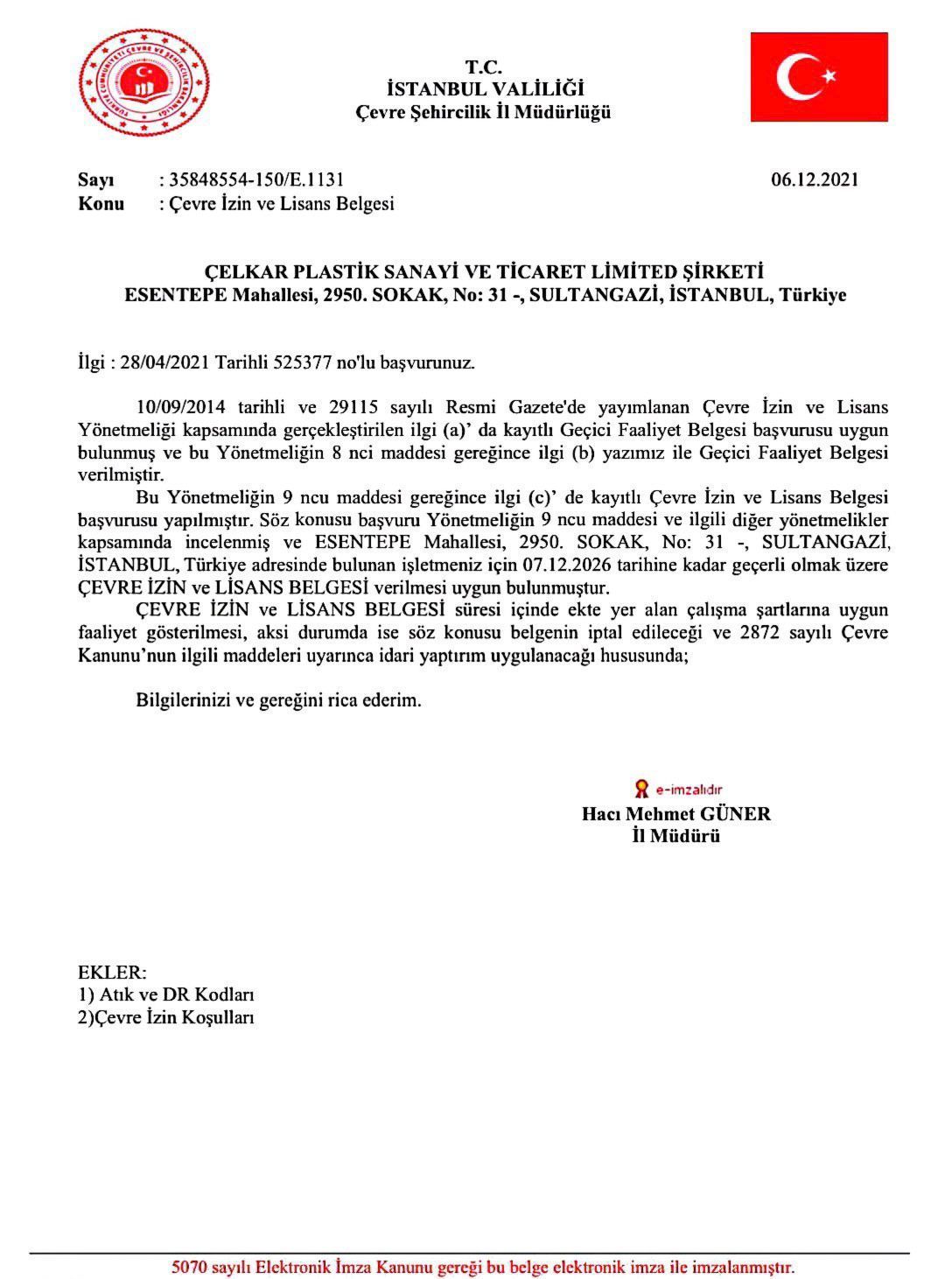 Çevre İzin ve Lisans Belgesi Yazısı